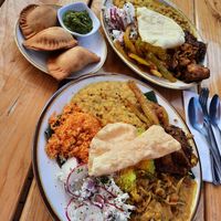 7-17-22 weekend curry plates. This one had sweet potatoes,  oyster mushrooms, banana peppers, dal etc. at Mirisata in Portland