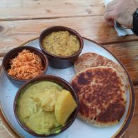 YES! Roti bread combo plate with dal, potato curry, shredded coconut/ chilies at Mirisata in Portland