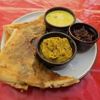 Meatball and Cheese Roti with sides at Mirisata in Portland
