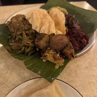 Rice and curry plate with banana leaf curry  at Mirisata in Portland