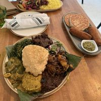 Rice & Curry special with Jaggery “Beef” Curry (see specials). Small plate are “Beef” Rolls. I forgot the name of the bread we ordered (on plate w/beef rolls) but it was ve at Mirisata in Portland