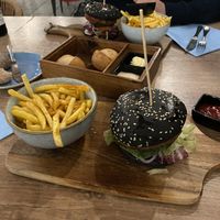 Vegan burger in black sesame bun.   at Aarmühle in Interlaken