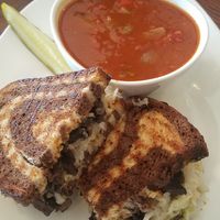 Avocado portobello Reuben with vegan cheese and vegan roasted red pepper chili at Jules' Bistro in St Cloud