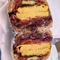 Tostada breakfast sandwich  at Guevara's in Brooklyn