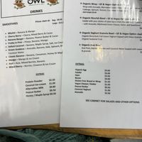 Menu  at OWL Wholefoods in Canungra