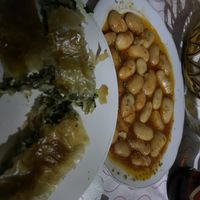 Baked beans and vegetarian spinach/cheese pie  at Taverna Tradicionale in Gjirokaster