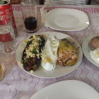 Stuffed eggplants and Stuffed pepper, riceballs at Taverna Tradicionale in Gjirokaster