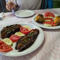 Stuffed eggplant and peppers (forgot to photo the beans!) at Taverna Tradicionale in Gjirokaster