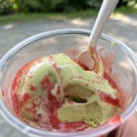Vegan matcha ice cream with strawberry sauce  at Dairy Bar in Halifax
