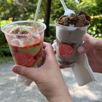 Matcha (with strawberry) and Black Sesame (with cookies) - both vegan! at Dairy Bar in Halifax