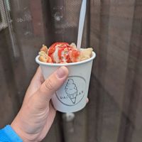 Tried the new Churned Ice Cream featured sundae at Dairy Bar! This was the Strawberry Shortcake, with vanilla Churned ice cream, strawberry sauce and pieces of pie crust! at Dairy Bar in Halifax