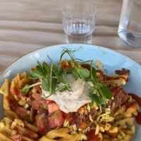 Garbage waffle fries with jackfruit and salsa Yumm at The Offering in Greytown