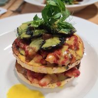 Bagel with homemade baked beans, mushrooms and sauce hollandaise at The Offering in Greytown