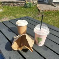 Coffee, millionaire slice and strawberry milkshake.  at Lucy's in Ardfern