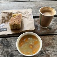 Lentil Soup (comes with bread and vegan butter) and Oat Latte  at Lucy's in Ardfern