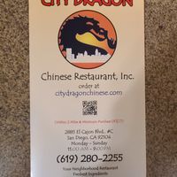 Menu at City Dragon in San Diego