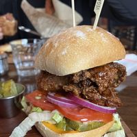 Sky high southern fried chicken sandwich with hot agave   at Brooklyn Organic Kitchen in Mahopac