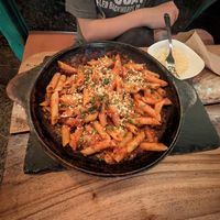 Tomato pasta with basil. This wasn't on the vegan menu, but they were able to substitute vegan cheese and make it vegan at La Leyenda de L'Antico Forno in Puerto Viejo De Talamanca