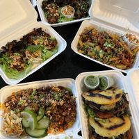 overview of the feast! indonesian lettuce wraps, arepas, fried rice + mac & curls at Planted PDX in Portland