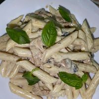 Pene in cream sauce with vegan chicken at Just Vegan - Marina Walk Pearl in Dubai