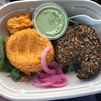 Black bean & flax burger with pesto & puréed sweet potato   at Eat Sprout in Easton