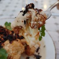 Crisp Cauliflower with salsa Matcha, tahini and cilantro at Fatima 7 Rooftop in San Miguel De Allende