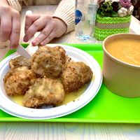 Hungarian Arany Galuska, Creamy sweet potato-yellow pea soup/Daily Menu  at Süt a Nap Vegán Bisztró in Miskolc