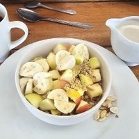 Muesli fruit bowl with soy milk at The Mushroom Farm in Livingstonia