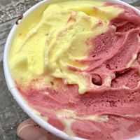 Limoncello gelato & red berries gelato, plus remnants of the vegan chocolate drizzle my server added for free   at DaVinci in Athens