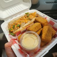 Jon Stewart Dog & Tofu Dippers w/ buffalo & honee mustard sauce at Frankly Plant Based Kitchen in Toledo