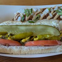 Chicago dog and 313/chili cheese dog at Frankly Plant Based Kitchen in Toledo