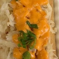 Jon Stewart dog (vegan hot dog with sauerkraut, thousand island, and green onions) at Frankly Plant Based Kitchen in Toledo