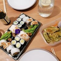 Mixed vegan sushi platter and gyoza at Sakushi in Sheffield