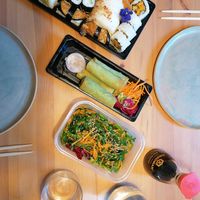 Vegan platter, spring rolls and seaweed salad at Sakushi in Sheffield