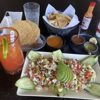 Cauliflower ceviche, complimentary dips, Michelada  at La Corona Bar and Grill in Van Nuys