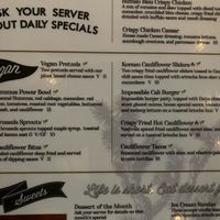 Vegan portion of menu as of April 2023  at Lucky Luke Brewpub in Lancaster