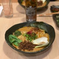 Spicy tantanmen and yummy blue currant kombucha at Vegan AF Ramen in Krakow
