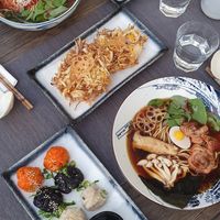 Fried gyoza and steamed dimsu, vegan af ramen and shoyu kariage at Vegan AF Ramen in Krakow