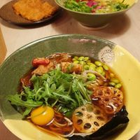 Vegan af ramen (and schabowy ramen in the background) at Vegan AF Ramen in Krakow
