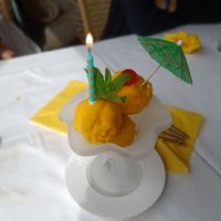 Mango sorbet - the lovely staff prepared this for me as birthday surprise at Thai Barn in Bradford-on-avon