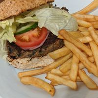 Delicious vegan mushroom burger and fries, take away at Bells Diner in Edinburgh