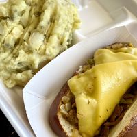 Combo of Philly Cheesesteakish and potato salad.  Yummmyyyy at Earth's Harvest - Food Truck in Springfield