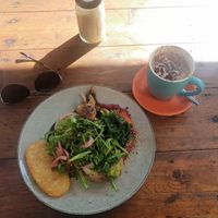 Smashed avo on toast that been veganised. Very very yummy at La Mar Cafe Providore in Turners Beach