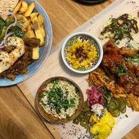 on te left greek dish (vegetarian) and bbq set on the right (vegan)  at Falla in Katowice