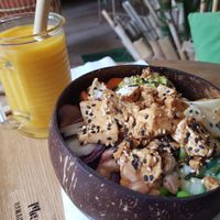 Vegan bowl with Mango-Maracuja smoothie. at Mama Hilo in Dakar
