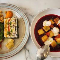 Veggie terrine left, beetroot gnocchi right at local EAT in Seoul