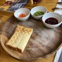 Starter- toast with carrot, pesto and raspberry jam dip    at local EAT in Seoul