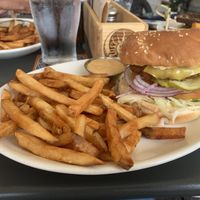 Mystic 18 Burger with a side of fries and extra mystic sauce! (Comes with vegan cheese too!) at McMenamins in Corvallis