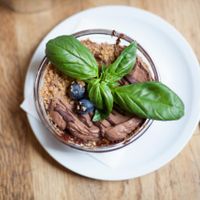 Mousse au chocolat with some silky tofu cream & hazelnut crumble. at Soya Cantine Bio in Paris
