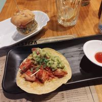 Mini jackfruit taco and mini hamburger. Taco especially was very tasty at MESTIZA in Valencia